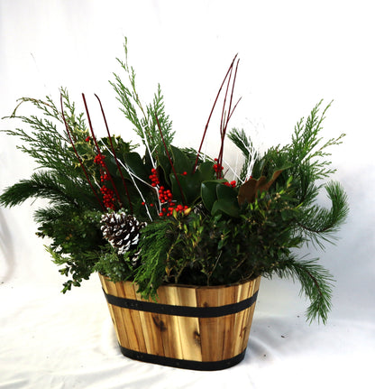 15.25" Oval Acacia Wood Winter Planter