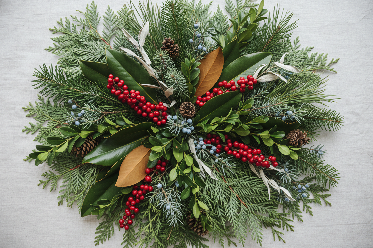 mix of winter clippings including cedar, fir, juniper, boxwood, magnolia, pine, winterberry, and assorted natural accents
