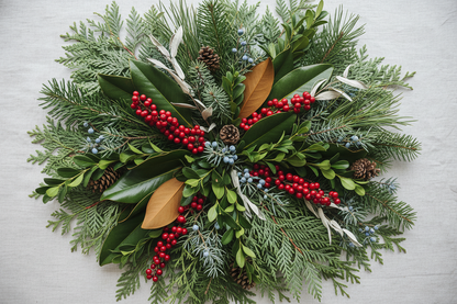 mix of winter clippings including cedar, fir, juniper, boxwood, magnolia, pine, winterberry, and assorted natural accents